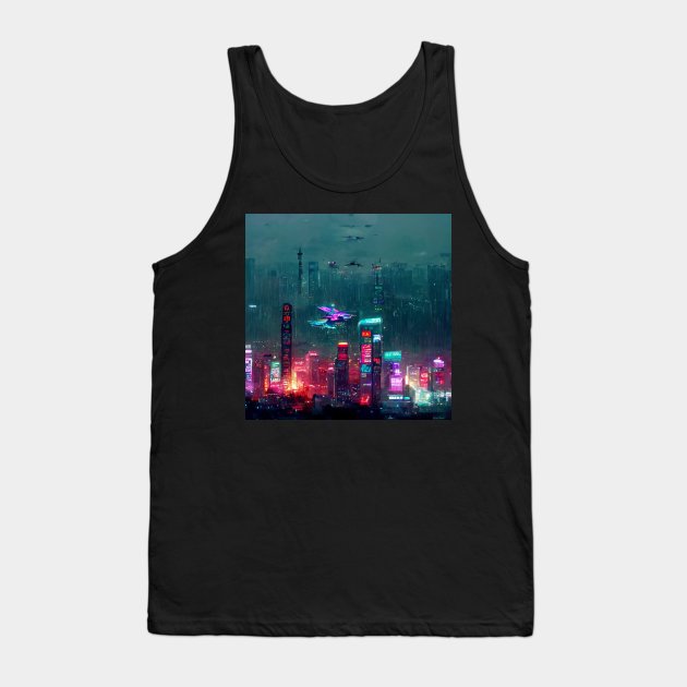 Flight Zone - Cyberpunk Cityscape Skyline Tank Top by ArkMinted